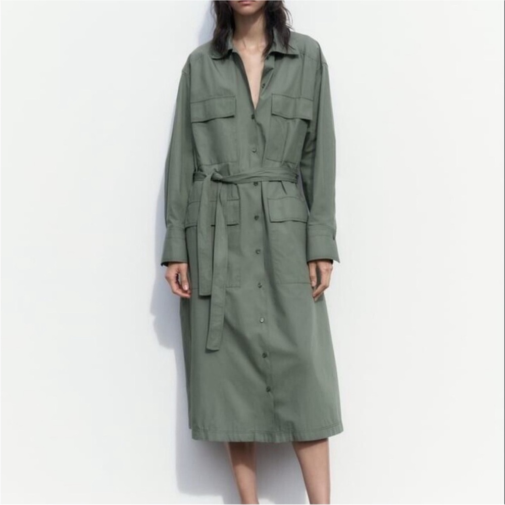 NWT Zara Multi Positional Shirtdress Khaki Size Small